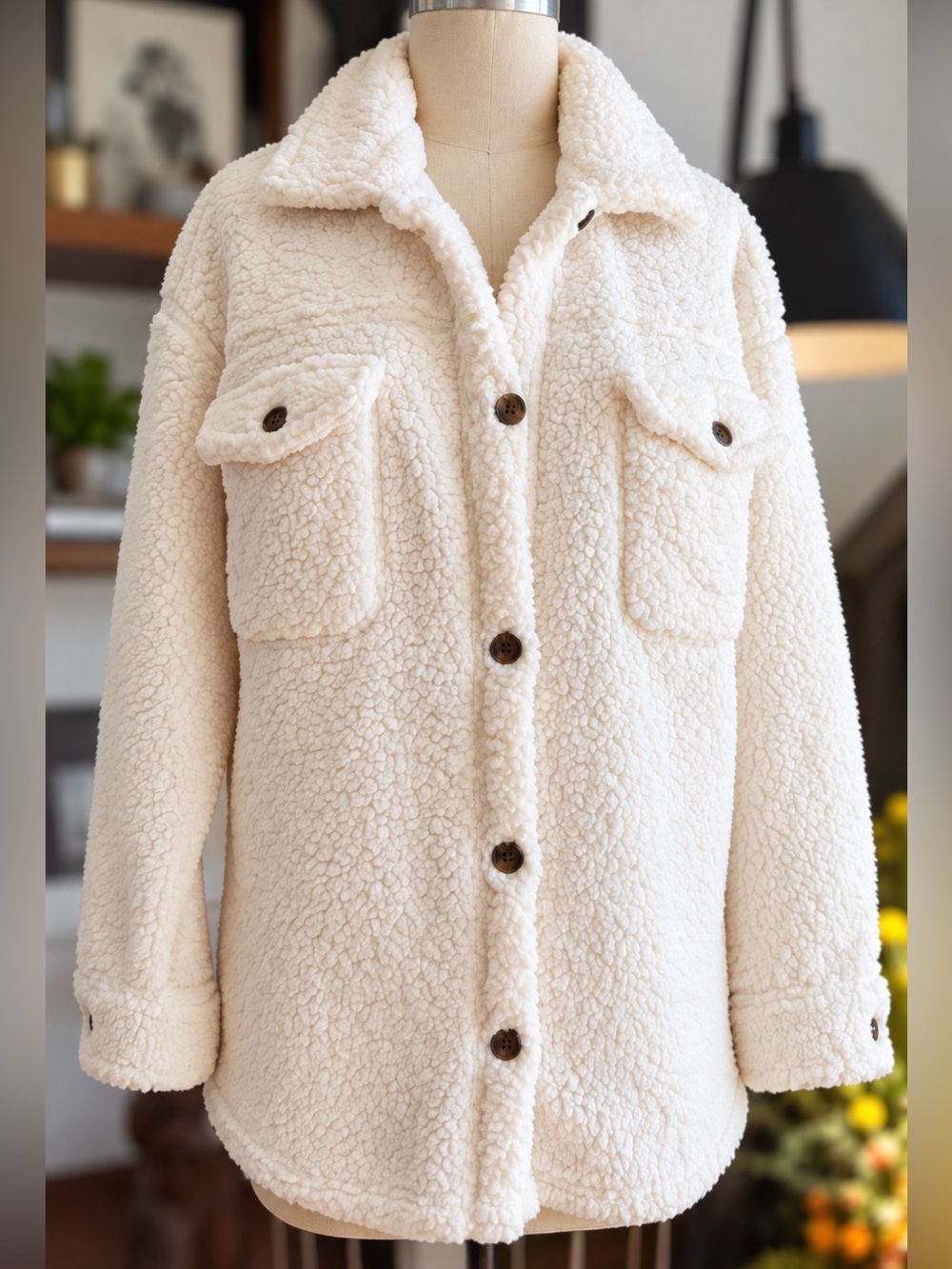 Ivory Sherpa Shacket XS/S Oversized Teddy Fleece Button Up Jacket